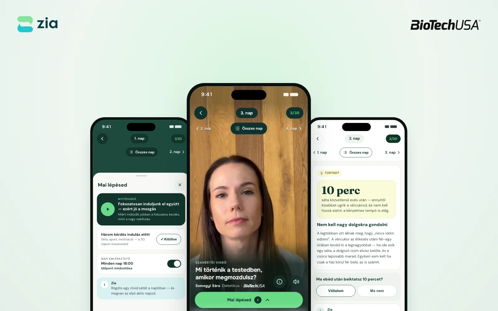 A BioTechUSA × Zia „Új lendület” 30 napos kihívás napjai a Zia appban: 1. nap, szakértői videó Somogyi Sára dietetikussal, 2. nap Tudtad?