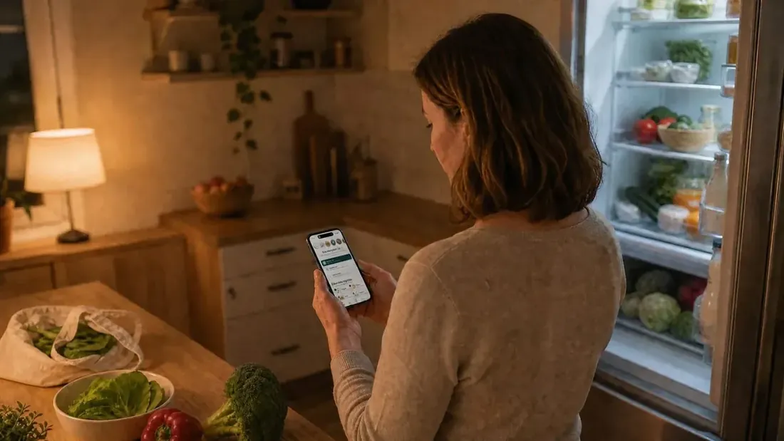 Nő a konyhában, nyitott hűtő előtt nézi a Zia appot a telefonján