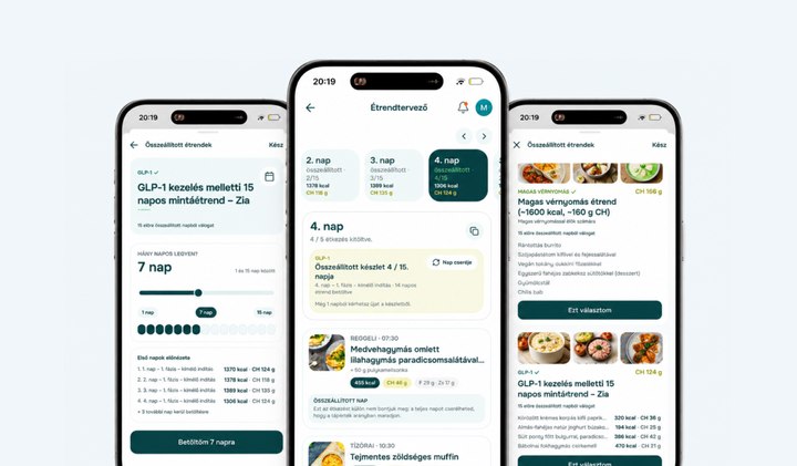 A Zia app Étrendtervezője: 15 napos GLP-1 mintaétrend, napi bontás kalóriával és szénhidráttal, összeállított étrendek listája