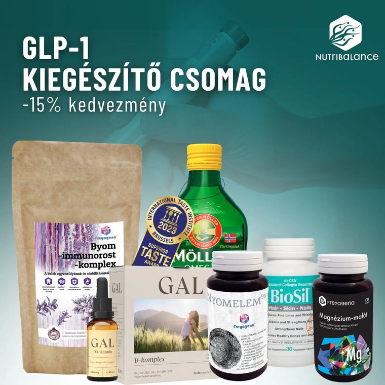 A Nutribalance GLP-1 kiegészítő csomag: rostkomplex, D3-vitamin, B-komplex, omega-3, nyomelemek, kollagén-generátor és magnézium