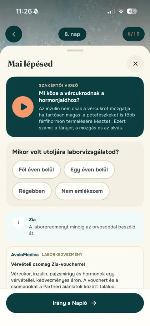 8. nap, Mai lépésed: szakértői videó, kérdés a laborvizsgálatról és laborkedvezmény